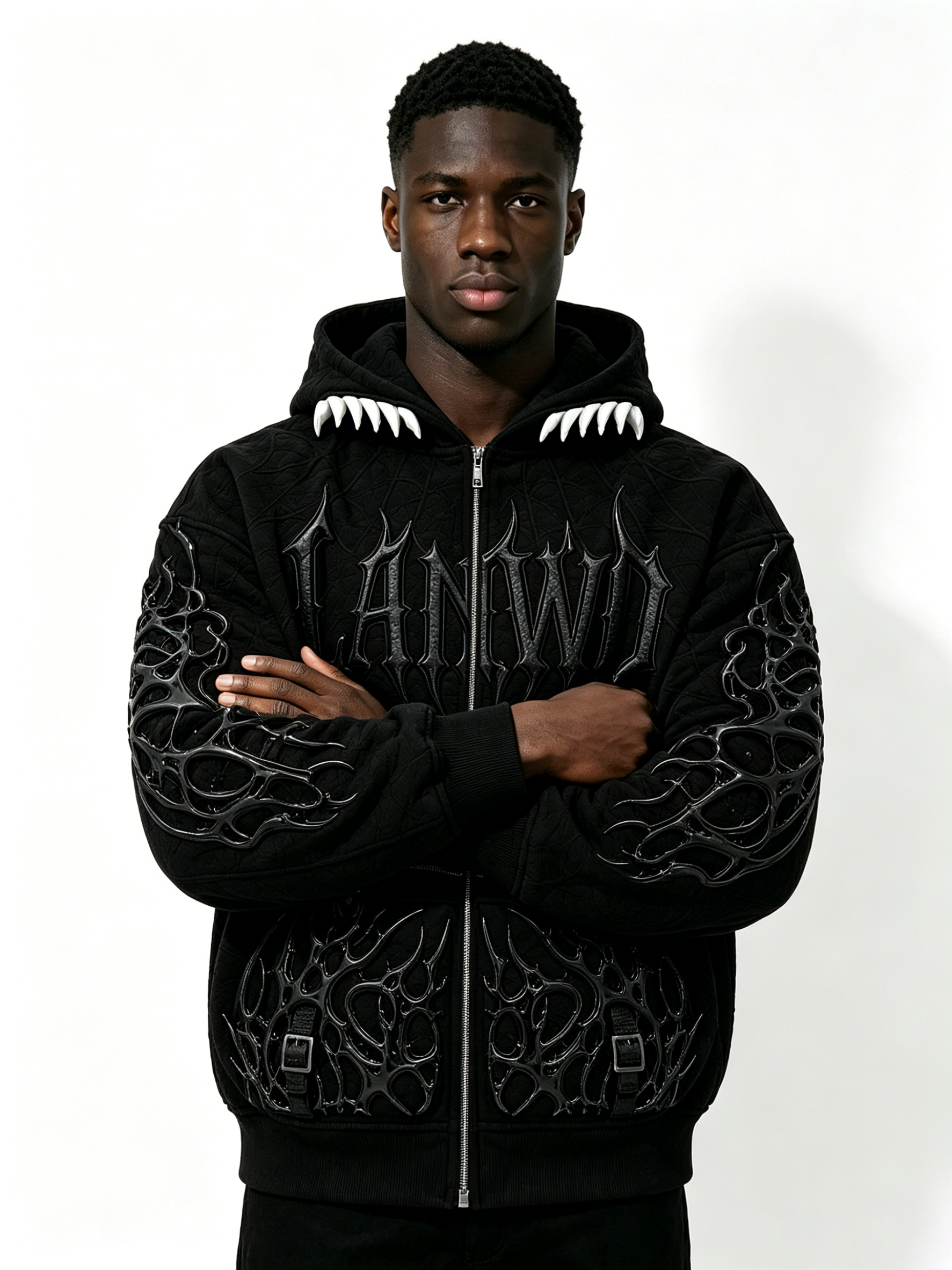 Custom 3D Thorn Embossed Quilted Zip Up Hoodie Manufacturer | Men Devil Teeth Hood Gothic Spider Detail Oversized Dark Streetwear Jacket Private Label, 50 MOQ, 7-Day Sample & 15-Day Bulk Lead Time