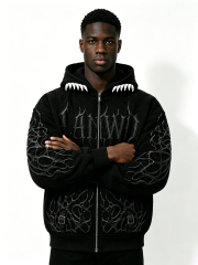 Custom 3D Thorn Embossed Quilted Zip Up Hoodie Manufacturer | Men Devil Teeth Hood Gothic Spider Detail Oversized Dark Streetwear Jacket Private Label, 50 MOQ, 7-Day Sample & 15-Day Bulk Lead Time