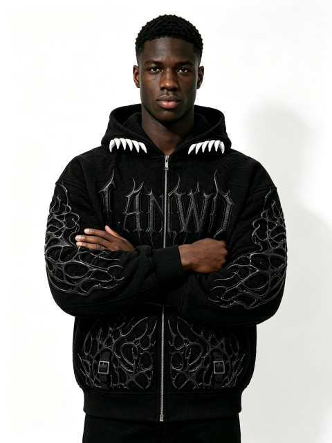 Custom 3D Thorn Embossed Quilted Zip Up Hoodie Manufacturer | Men Devil Teeth Hood Gothic Spider Detail Oversized Dark Streetwear Jacket Private Label, 50 MOQ, 7-Day Sample & 15-Day Bulk Lead Time