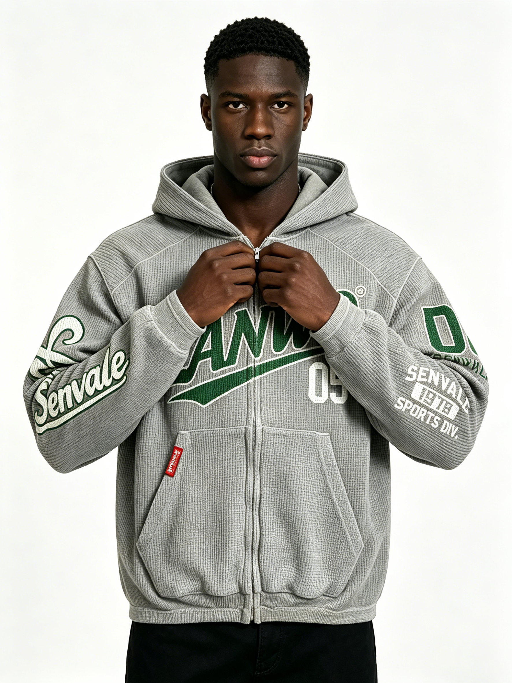 Custom Oversized Waffle Knit Full Zip Hoodie LANWO 05 Vintage Varsity Letter Print Kangaroo Pocket Streetwear Zip Up Hooded Jacket