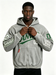 Custom Oversized Waffle Knit Full Zip Hoodie LANWO 05 Vintage Varsity Letter Print Kangaroo Pocket Streetwear Zip Up Hooded Jacket