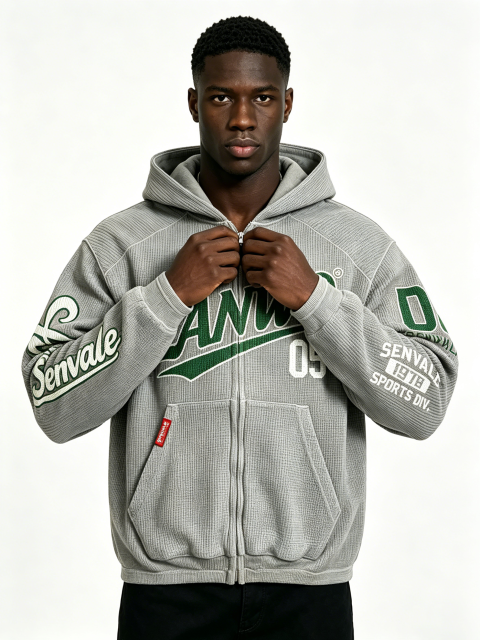 Custom Oversized Waffle Knit Full Zip Hoodie LANWO 05 Vintage Varsity Letter Print Kangaroo Pocket Streetwear Zip Up Hooded Jacket