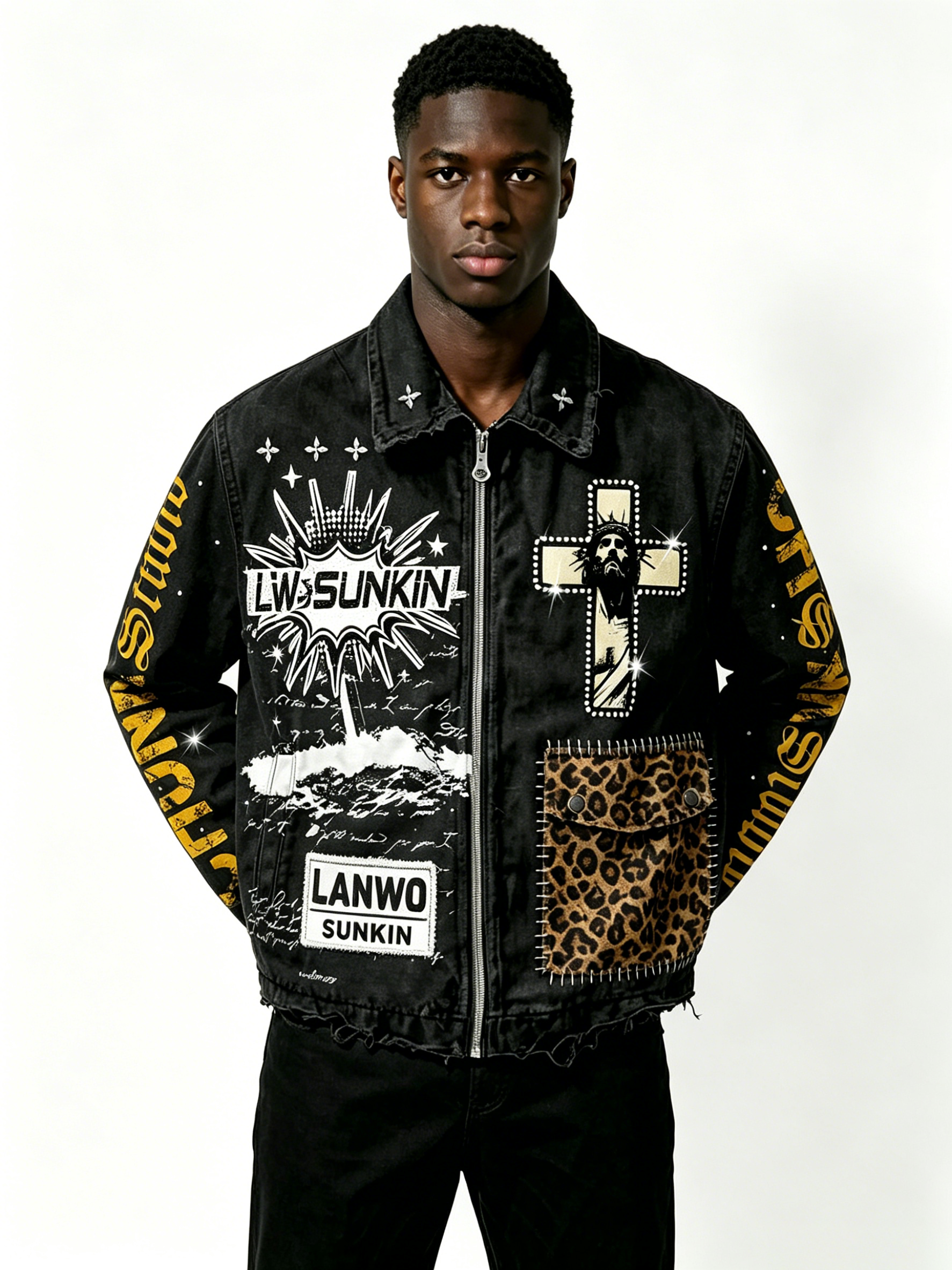 Custom Vintage Black Distressed Denim Jacket Manufacturer | Men Cross Graphic Leopard Patch Zip Up Trucker Jacket Private Label Streetwear Coat, 50 MOQ, 7-Day Sample & 15-Day Bulk Production