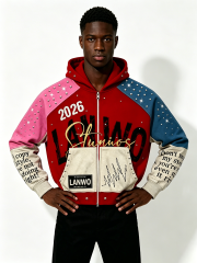 Custom Multi Color Block Rhinestone Stud Zip Up Hoodie Manufacturer | Men Patchwork Flame Print Chenille Embroidery Cropped Hooded Jacket Private Label Streetwear, 50 MOQ, 7-Day Sample & 15-Day Bulk Lead Time
