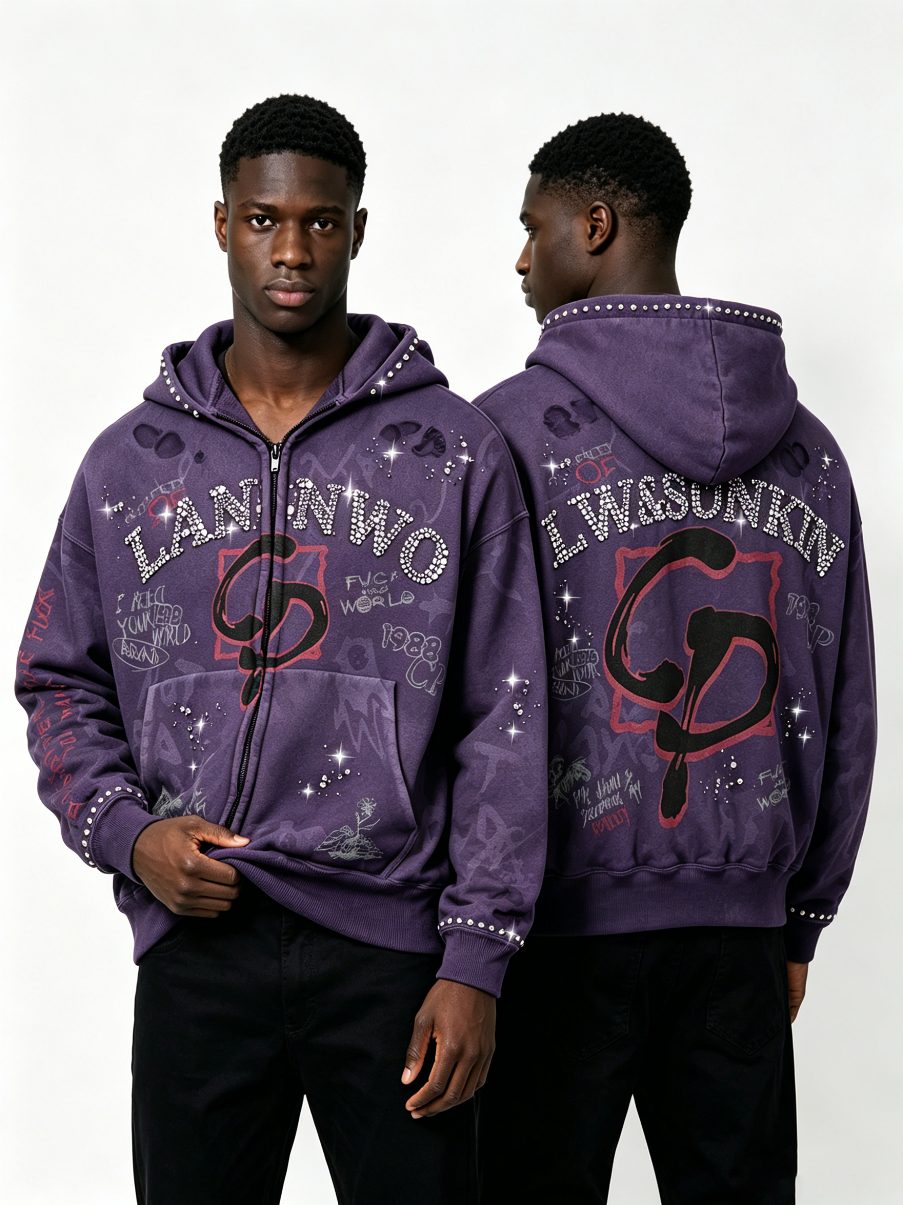 Custom Acid Washed Purple Rhinestone Zip Up Hoodie Manufacturer | Men Vintage Graffiti Print Distressed Rhinestone Letter Hooded Jacket Private Label Streetwear, 50 MOQ, 7-Day Sample & 15-Day Bulk Delivery