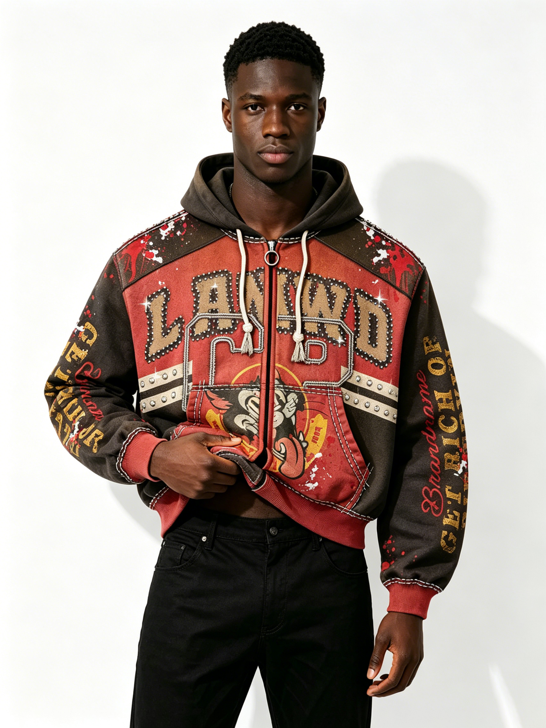 Custom Vintage Two-Tone Spliced Zip Up Hoodie Manufacturer | Men Cartoon Graphic Rhinestone Stud Cropped Hooded Jacket Private Label Streetwear Outerwear, 50 MOQ, 7-Day Sample & 15-Day Bulk Production