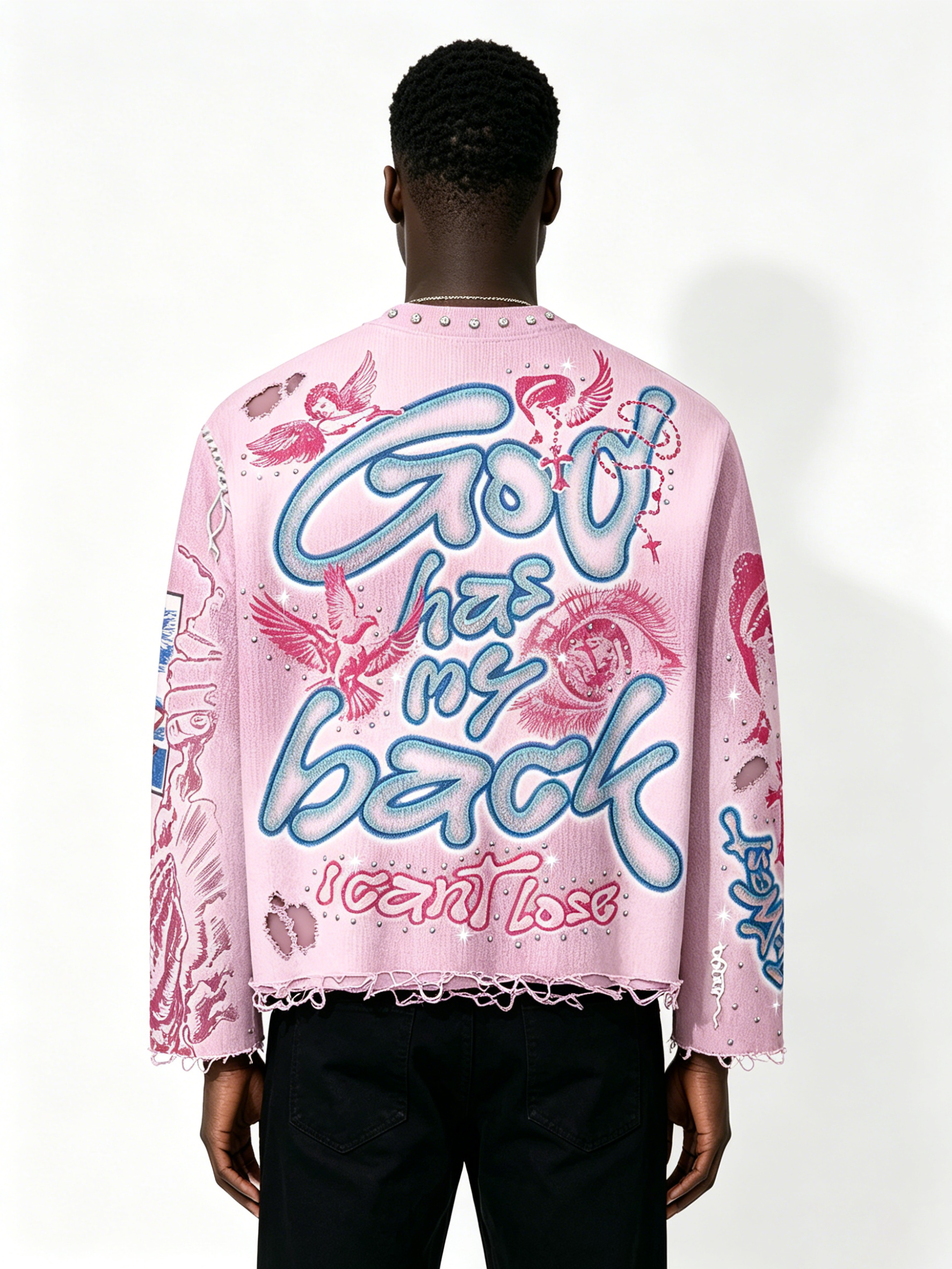 Custom Pink Gradient Distressed Long Sleeve T Shirt Manufacturer | Men Rhinestone GOD Cross Graphic Frayed Raw Edge Destroyed Tee Private Label Gothic Streetwear, 50 MOQ, 7-Day Sample & 15-Day Bulk Lead Time
