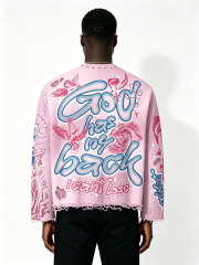 Custom Pink Gradient Distressed Long Sleeve T Shirt Manufacturer | Men Rhinestone GOD Cross Graphic Frayed Raw Edge Destroyed Tee Private Label Gothic Streetwear, 50 MOQ, 7-Day Sample & 15-Day Bulk Lead Time