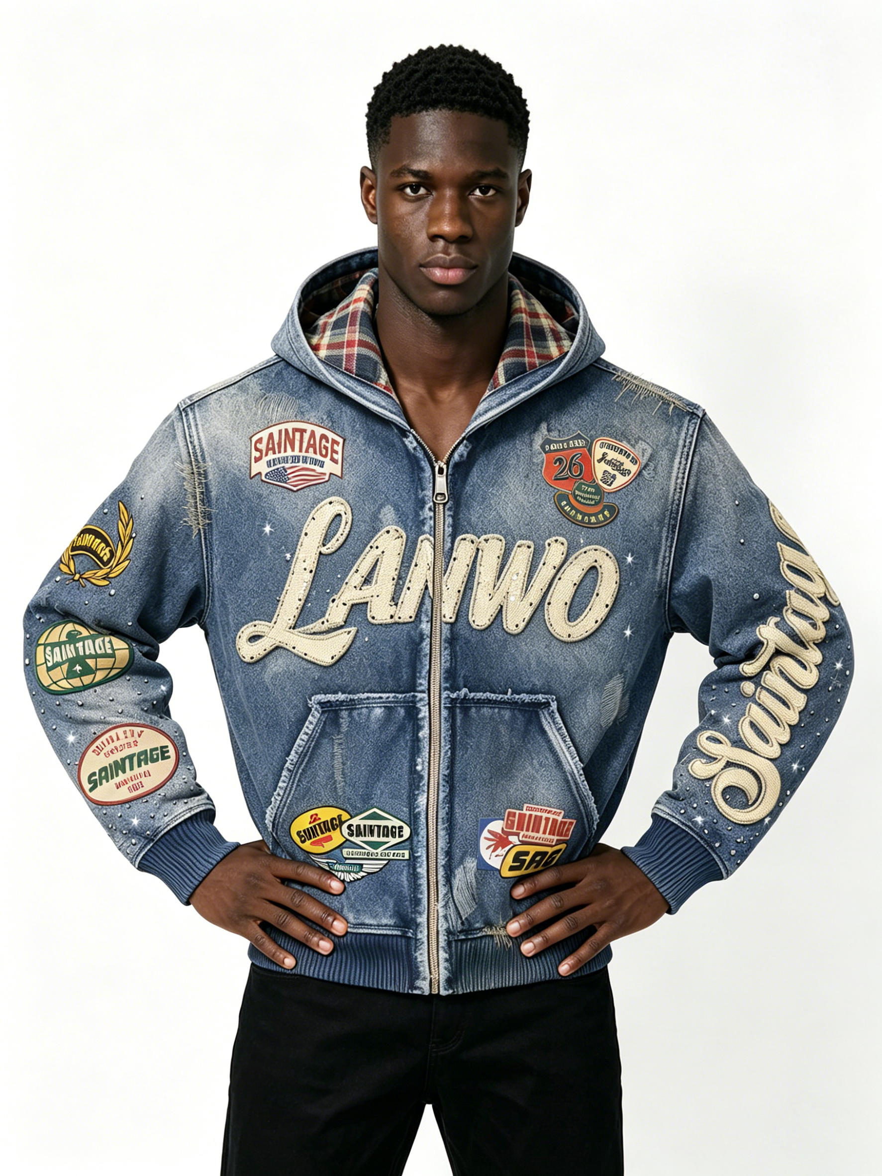 Custom Vintage Washed Denim Zip Hooded Jacket Manufacturer | Men Plaid Lining Multi Woven Patch Rhinestone Letter Hoodie Private Label Streetwear Outerwear, 50 MOQ, 7-Day Sample & 15-Day Bulk Production