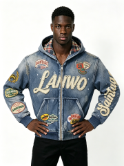 Custom Vintage Washed Denim Zip Hooded Jacket Manufacturer | Men Plaid Lining Multi Woven Patch Rhinestone Letter Hoodie Private Label Streetwear Outerwear, 50 MOQ, 7-Day Sample & 15-Day Bulk Production