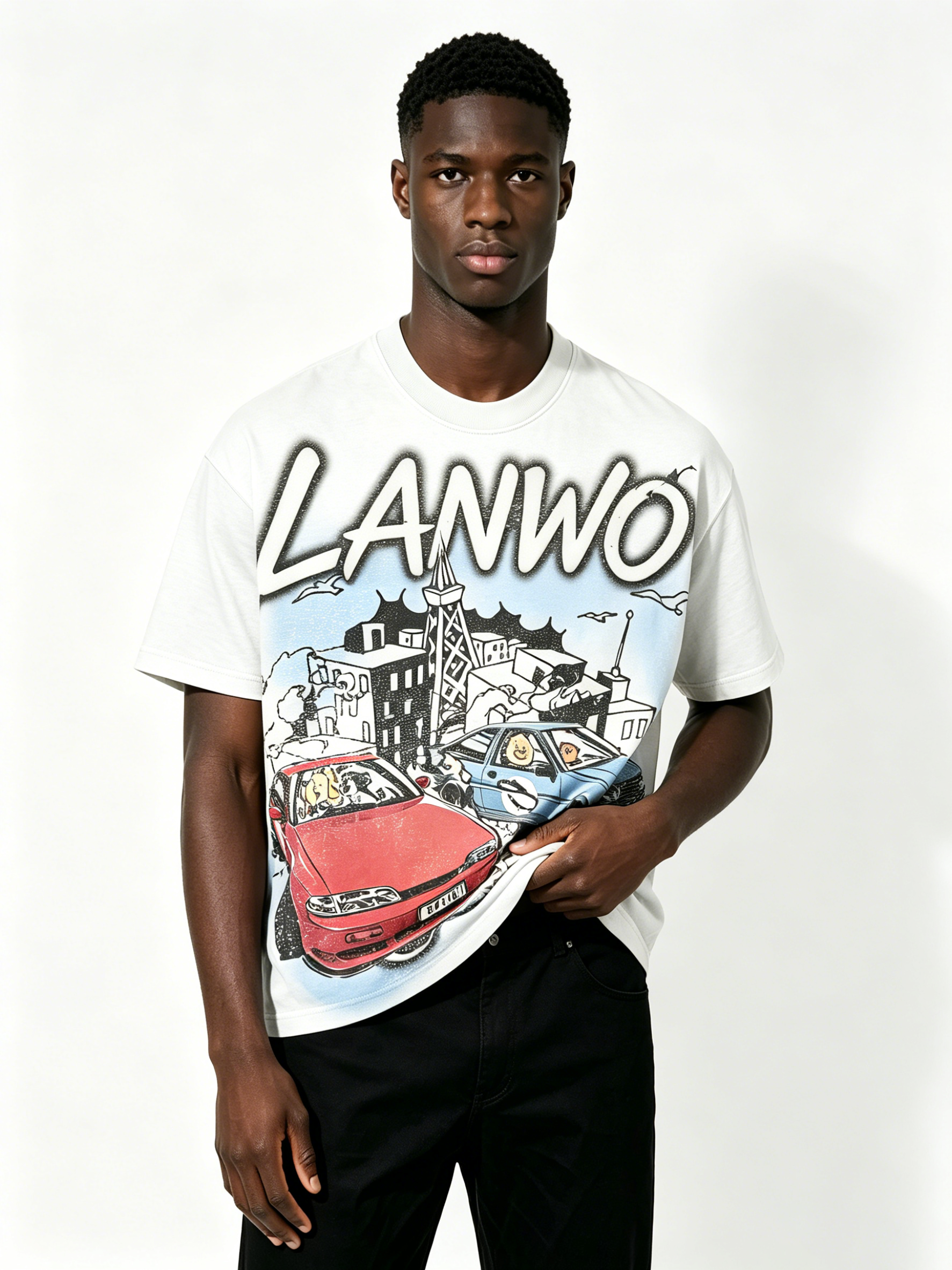 Custom JDM Car City Graffiti Oversized T Shirt Manufacturer | Men Heavyweight Urban Racing Cartoon Print Boxy Tee Private Label Streetwear Apparel, 50 MOQ, 7-Day Sample & 15-Day Bulk Production