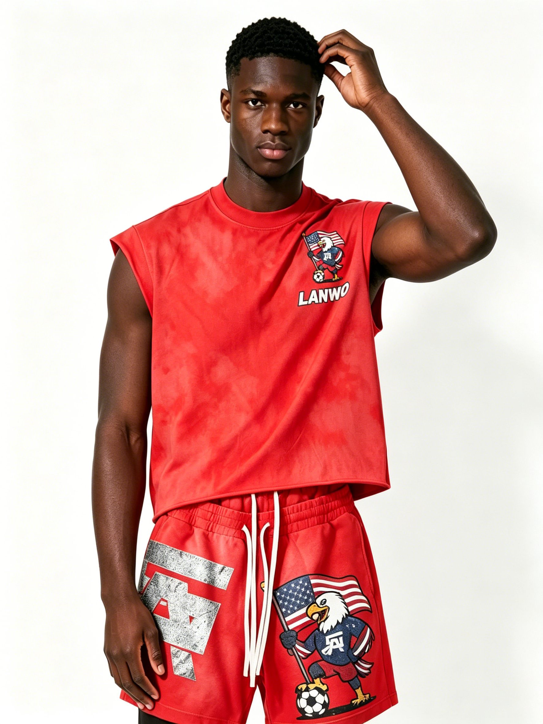 Custom Red Tie Dye Eagle USA Flag Sleeveless Tank & Shorts 2 Piece Tracksuit Manufacturer | Men Patriotic Soccer Graphic Matching Sport Set Private Label Streetwear Outfit, 50 MOQ, 7-Day Sample & 15-Day Bulk Lead Time