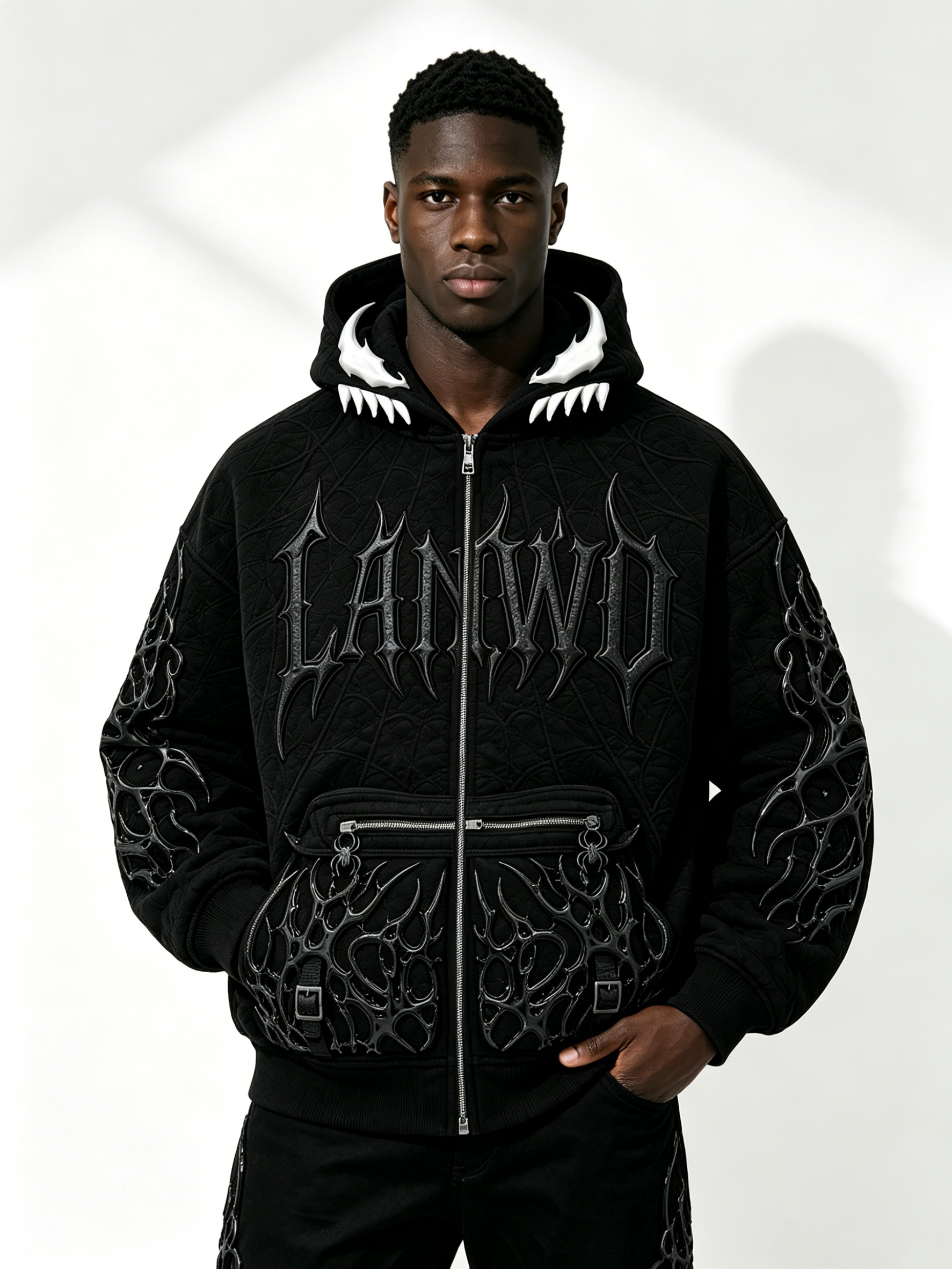Custom 3D Thorn Embossed Quilted Zip Up Hoodie Manufacturer | Men Devil Teeth Hood Gothic Spider Detail Oversized Dark Streetwear Jacket Private Label, 50 MOQ, 7-Day Sample & 15-Day Bulk Lead Time
