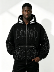 Custom 3D Thorn Embossed Quilted Zip Up Hoodie Manufacturer | Men Devil Teeth Hood Gothic Spider Detail Oversized Dark Streetwear Jacket Private Label, 50 MOQ, 7-Day Sample & 15-Day Bulk Lead Time