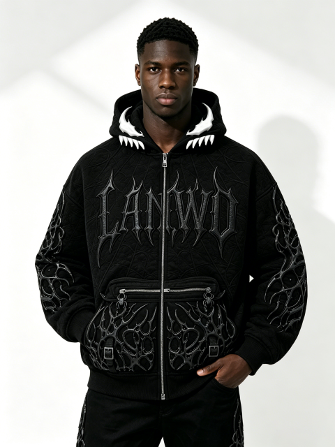 Custom 3D Thorn Embossed Quilted Zip Up Hoodie Manufacturer | Men Devil Teeth Hood Gothic Spider Detail Oversized Dark Streetwear Jacket Private Label, 50 MOQ, 7-Day Sample & 15-Day Bulk Lead Time