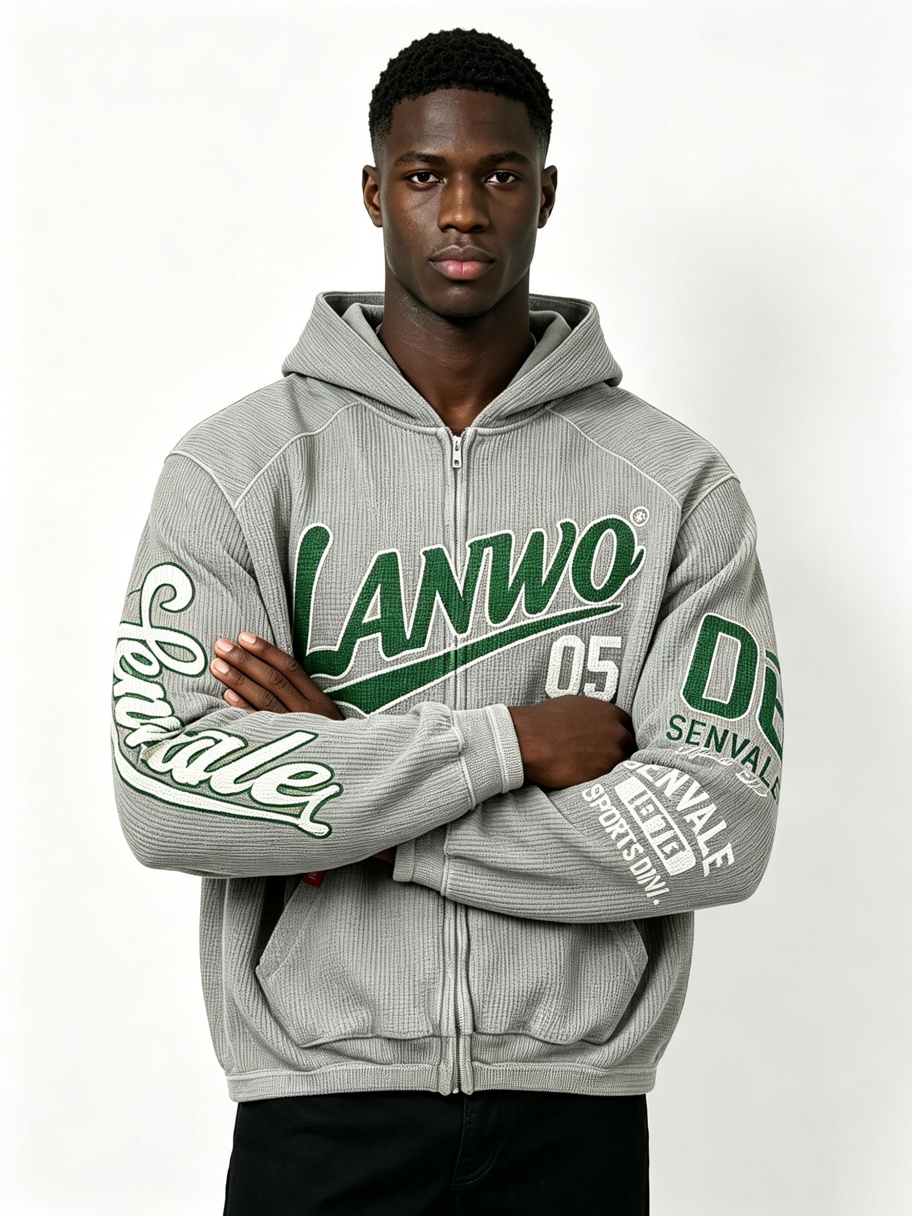 Custom Oversized Waffle Knit Full Zip Hoodie LANWO 05 Vintage Varsity Letter Print Kangaroo Pocket Streetwear Zip Up Hooded Jacket