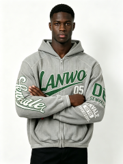Custom Oversized Waffle Knit Full Zip Hoodie LANWO 05 Vintage Varsity Letter Print Kangaroo Pocket Streetwear Zip Up Hooded Jacket