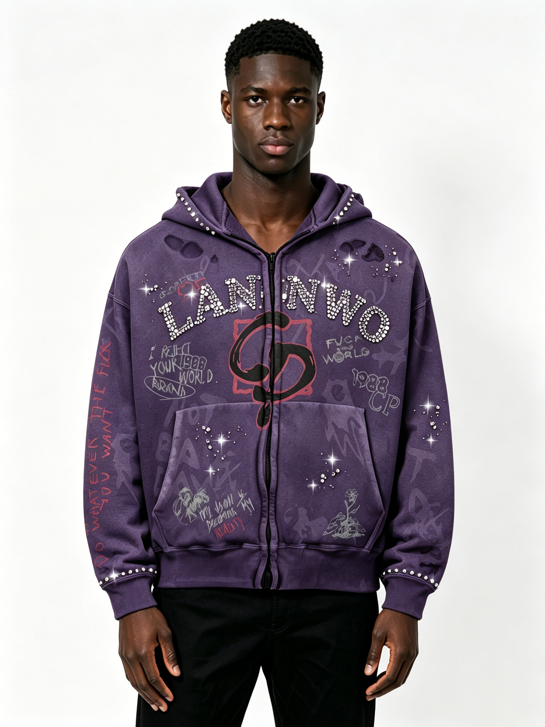 Custom Acid Washed Purple Rhinestone Zip Up Hoodie Manufacturer | Men Vintage Graffiti Print Distressed Rhinestone Letter Hooded Jacket Private Label Streetwear, 50 MOQ, 7-Day Sample & 15-Day Bulk Delivery