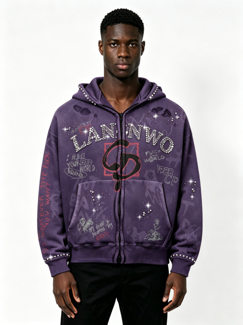 Custom Acid Washed Purple Rhinestone Zip Up Hoodie Manufacturer | Men Vintage Graffiti Print Distressed Rhinestone Letter Hooded Jacket Private Label Streetwear, 50 MOQ, 7-Day Sample & 15-Day Bulk Delivery