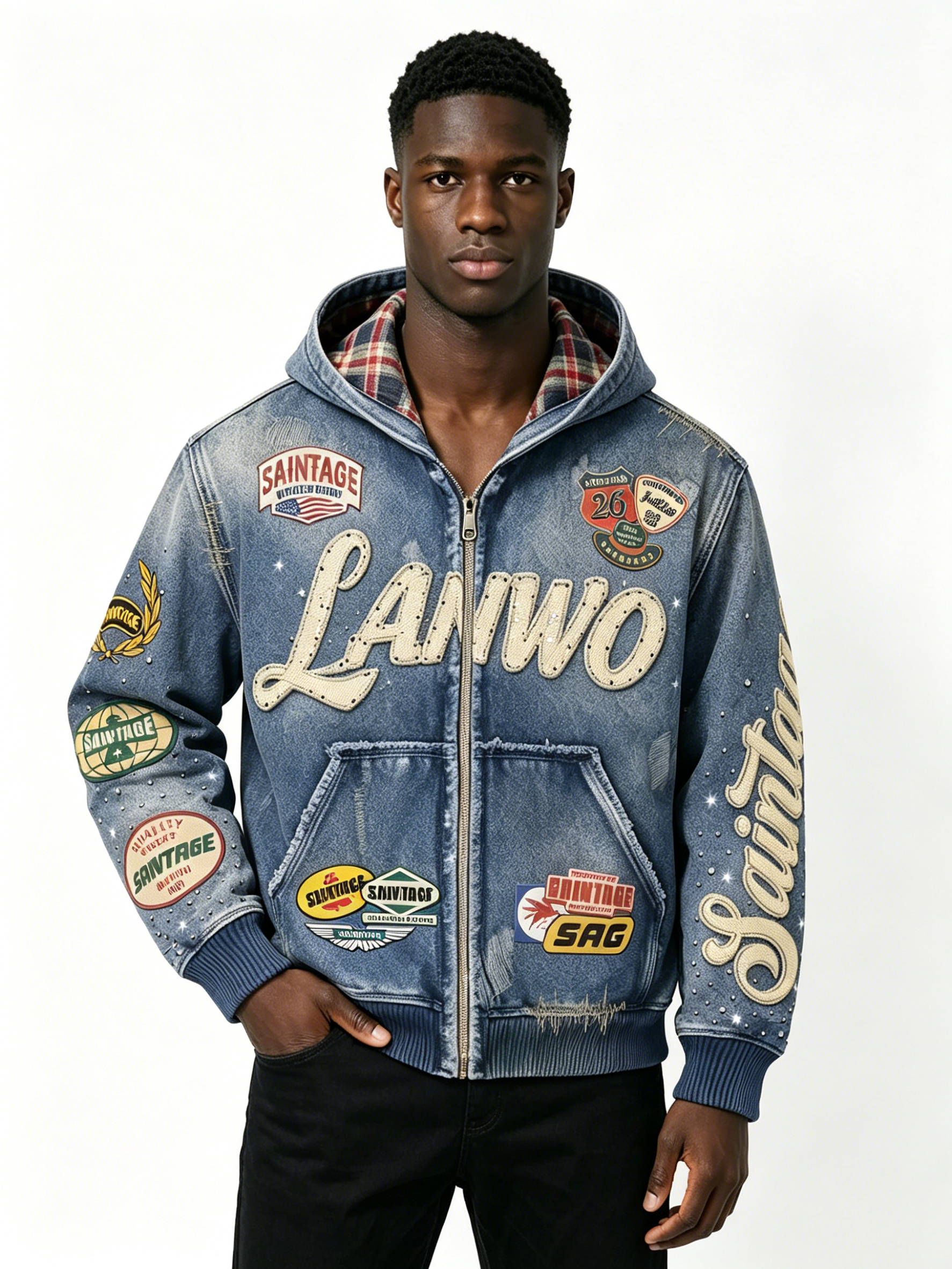 Custom Vintage Washed Denim Zip Hooded Jacket Manufacturer | Men Plaid Lining Multi Woven Patch Rhinestone Letter Hoodie Private Label Streetwear Outerwear, 50 MOQ, 7-Day Sample & 15-Day Bulk Production