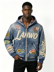 Custom Vintage Washed Denim Zip Hooded Jacket Manufacturer | Men Plaid Lining Multi Woven Patch Rhinestone Letter Hoodie Private Label Streetwear Outerwear, 50 MOQ, 7-Day Sample & 15-Day Bulk Production