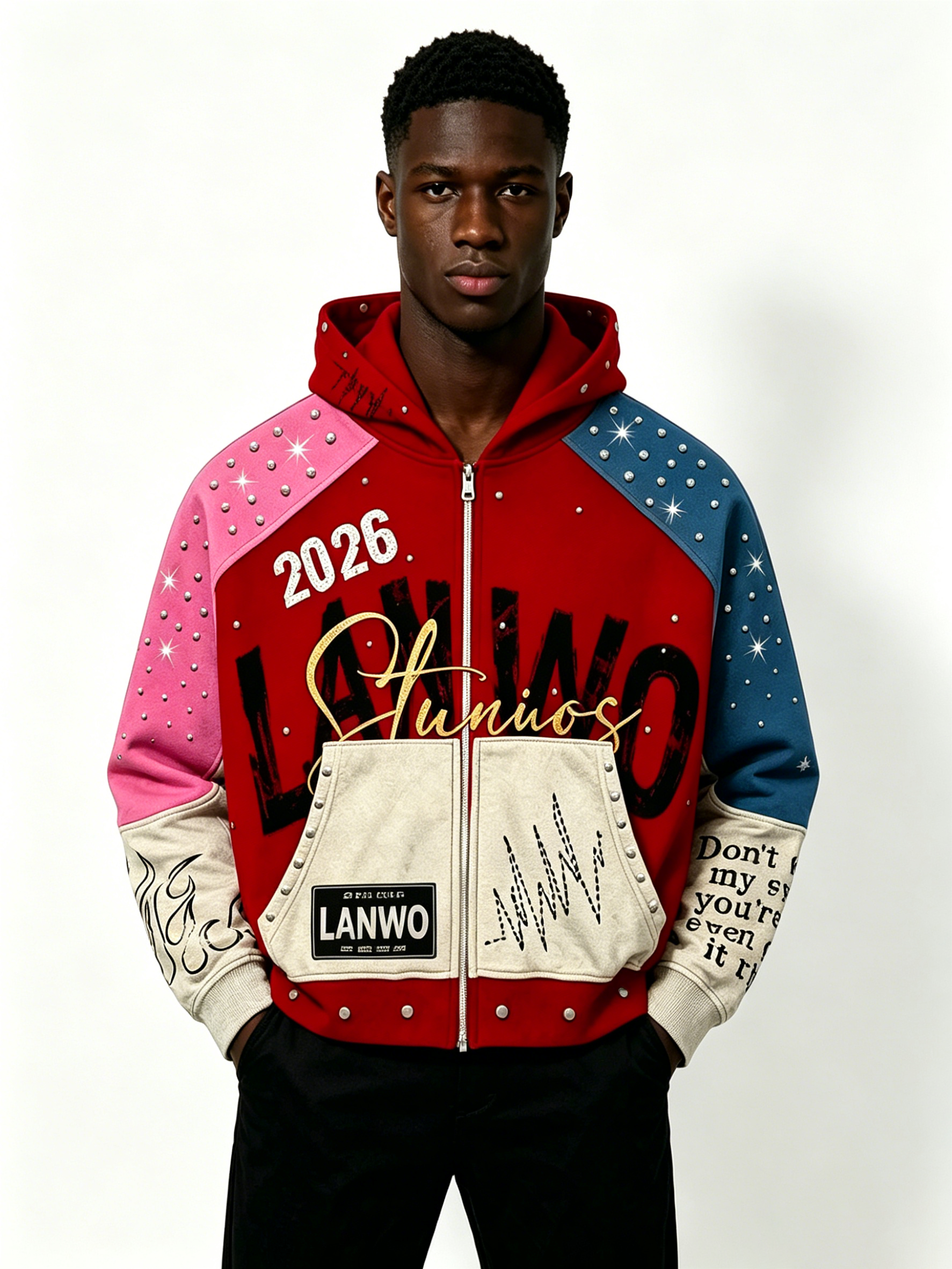 Custom Multi Color Block Rhinestone Stud Zip Up Hoodie Manufacturer | Men Patchwork Flame Print Chenille Embroidery Cropped Hooded Jacket Private Label Streetwear, 50 MOQ, 7-Day Sample & 15-Day Bulk Lead Time