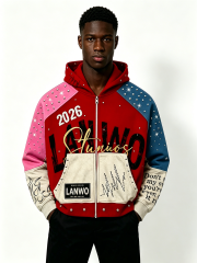 Custom Multi Color Block Rhinestone Stud Zip Up Hoodie Manufacturer | Men Patchwork Flame Print Chenille Embroidery Cropped Hooded Jacket Private Label Streetwear, 50 MOQ, 7-Day Sample & 15-Day Bulk Lead Time