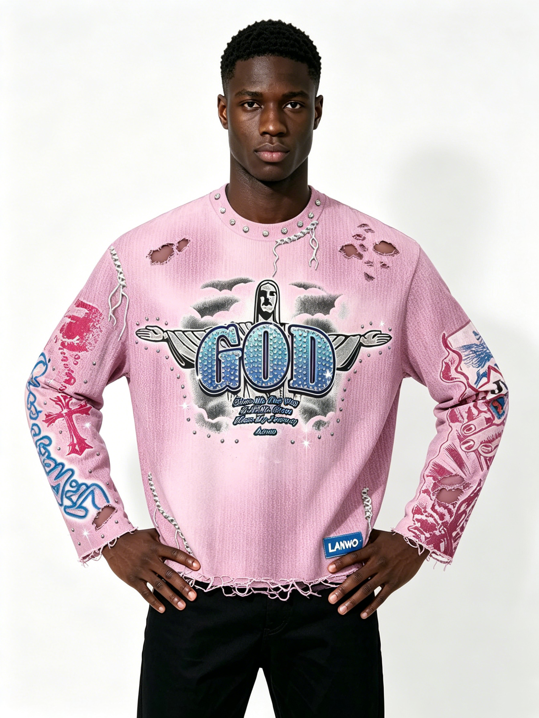 Custom Pink Gradient Distressed Long Sleeve T Shirt Manufacturer | Men Rhinestone GOD Cross Graphic Frayed Raw Edge Destroyed Tee Private Label Gothic Streetwear, 50 MOQ, 7-Day Sample & 15-Day Bulk Lead Time