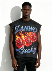 Custom Vintage Smoke Wash Lucky Dice Flame Graphic Sleeveless Tank Top Manufacturer | Men Cutoff Muscle Tee Private Label Y2K Hip Hop Streetwear Vest, 50 MOQ, 7-Day Sample & 15-Day Bulk Lead Time