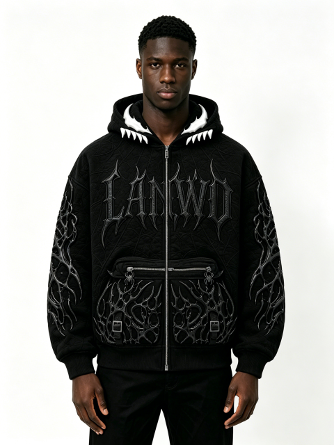 Custom 3D Thorn Embossed Quilted Zip Up Hoodie Manufacturer | Men Devil Teeth Hood Gothic Spider Detail Oversized Dark Streetwear Jacket Private Label, 50 MOQ, 7-Day Sample & 15-Day Bulk Lead Time