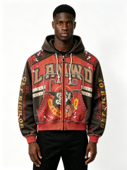 Custom Vintage Two-Tone Spliced Zip Up Hoodie Manufacturer | Men Cartoon Graphic Rhinestone Stud Cropped Hooded Jacket Private Label Streetwear Outerwear, 50 MOQ, 7-Day Sample & 15-Day Bulk Production