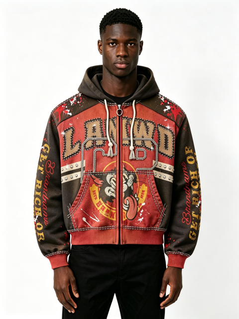Custom Vintage Two-Tone Spliced Zip Up Hoodie Manufacturer | Men Cartoon Graphic Rhinestone Stud Cropped Hooded Jacket Private Label Streetwear Outerwear, 50 MOQ, 7-Day Sample & 15-Day Bulk Production