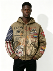 Custom Vintage Washed Route 66 USA Flag Spliced Hooded Bomber Jacket Manufacturer | Men Multi Woven Patch Distressed Frayed Hem Retro Streetwear Outerwear Private Label, 50 MOQ, 7-Day Sample & 15-Day Bulk Lead Time