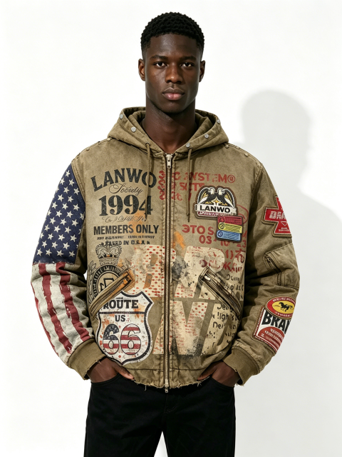 Custom Vintage Washed Route 66 USA Flag Spliced Hooded Bomber Jacket Manufacturer | Men Multi Woven Patch Distressed Frayed Hem Retro Streetwear Outerwear Private Label, 50 MOQ, 7-Day Sample & 15-Day Bulk Lead Time