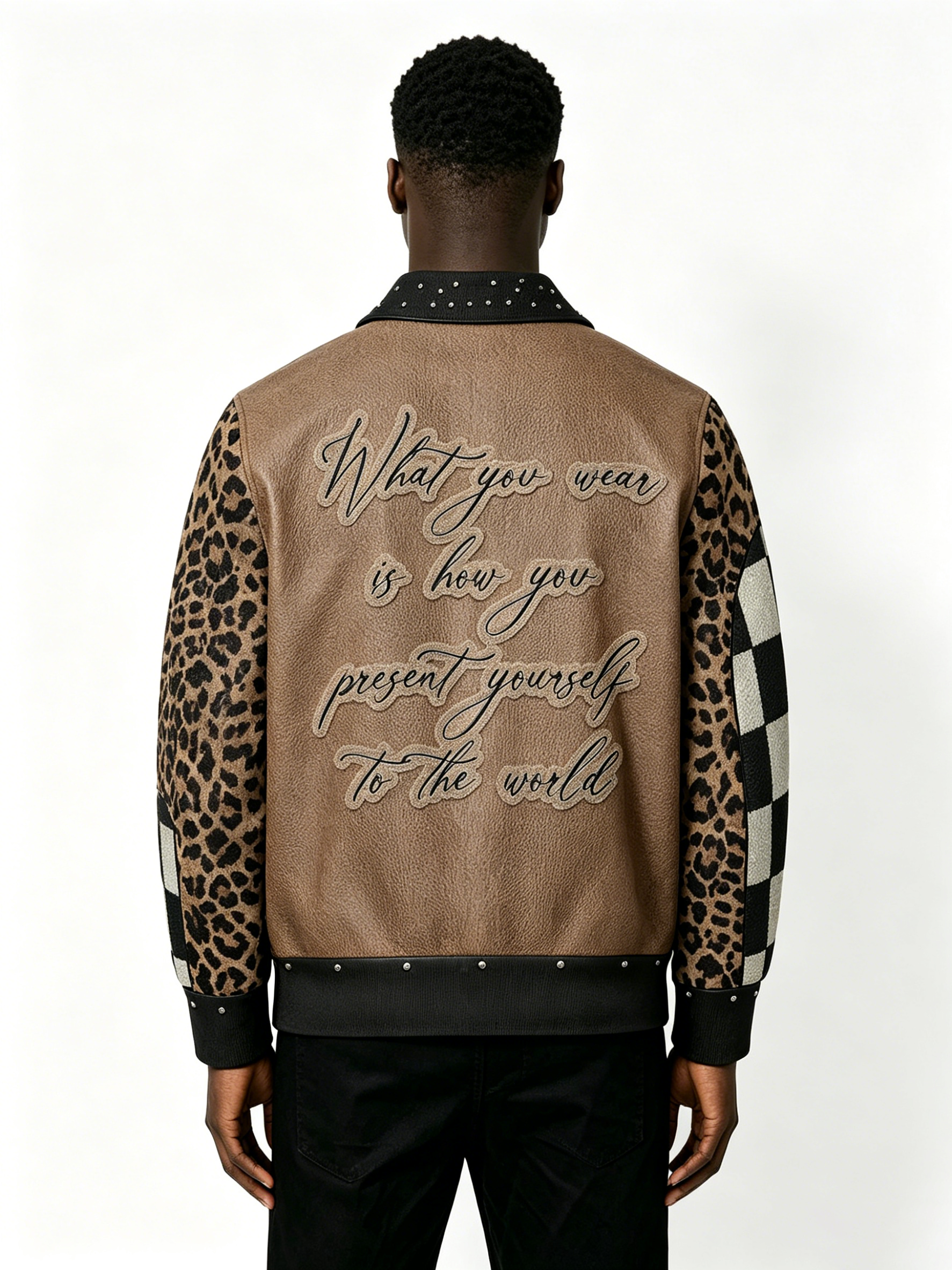 Custom Leopard Checkerboard Patchwork Faux Leather Varsity Jacket Manufacturer | Men Rhinestone Collar Chenille Letter Patch Streetwear Bomber Coat Private Label, 50 MOQ, 7-Day Sample & 15-Day Bulk Lead Time