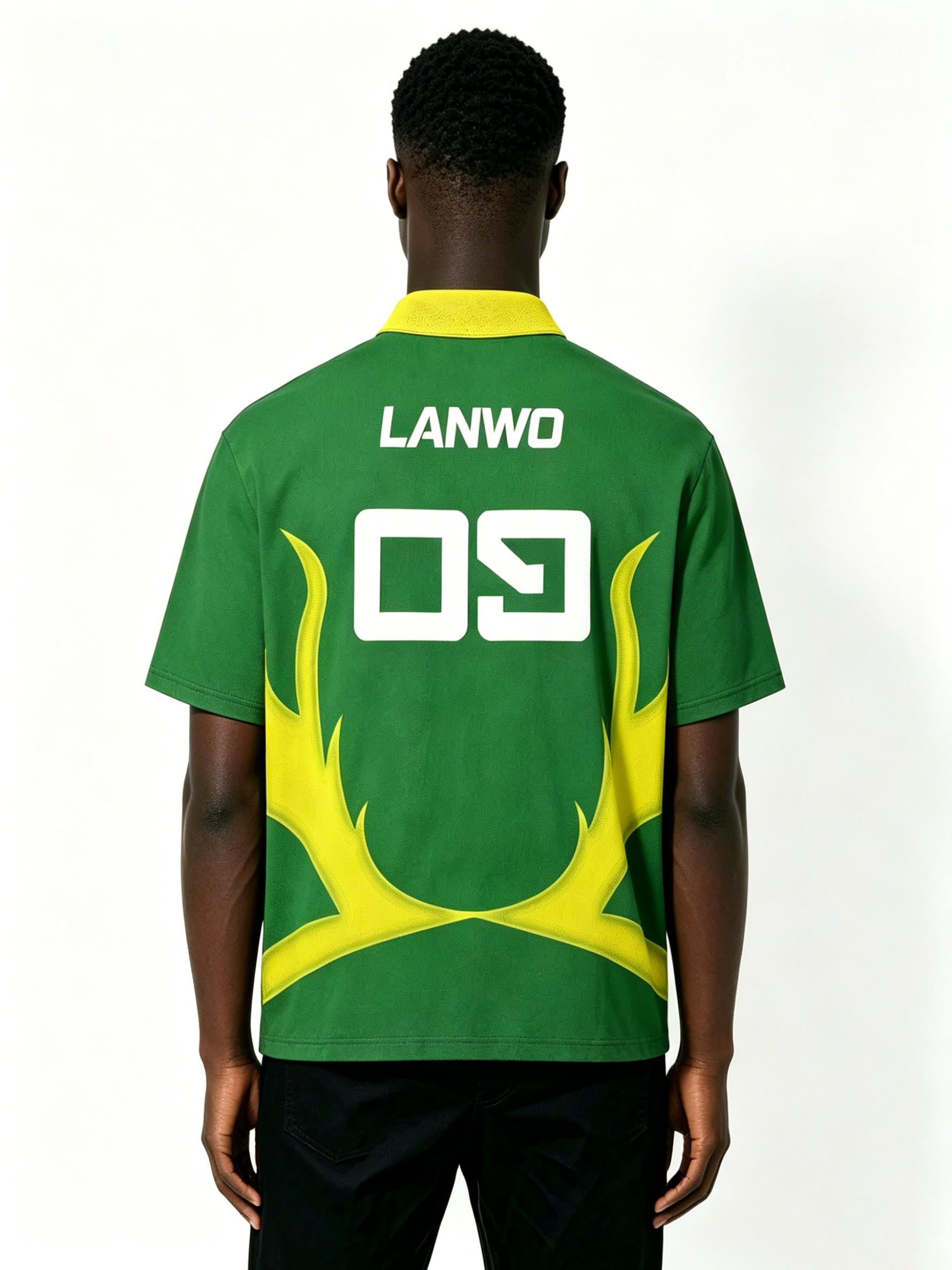 Custom Green Yellow Color Block Sport Polo Shirt Manufacturer | Men Quick Dry Mesh Flame Curve Number 09 Streetwear Jersey Private Label, 50 MOQ, 7-Day Sample & 15-Day Bulk Lead Time