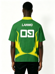 Custom Green Yellow Color Block Sport Polo Shirt Manufacturer | Men Quick Dry Mesh Flame Curve Number 09 Streetwear Jersey Private Label, 50 MOQ, 7-Day Sample & 15-Day Bulk Lead Time