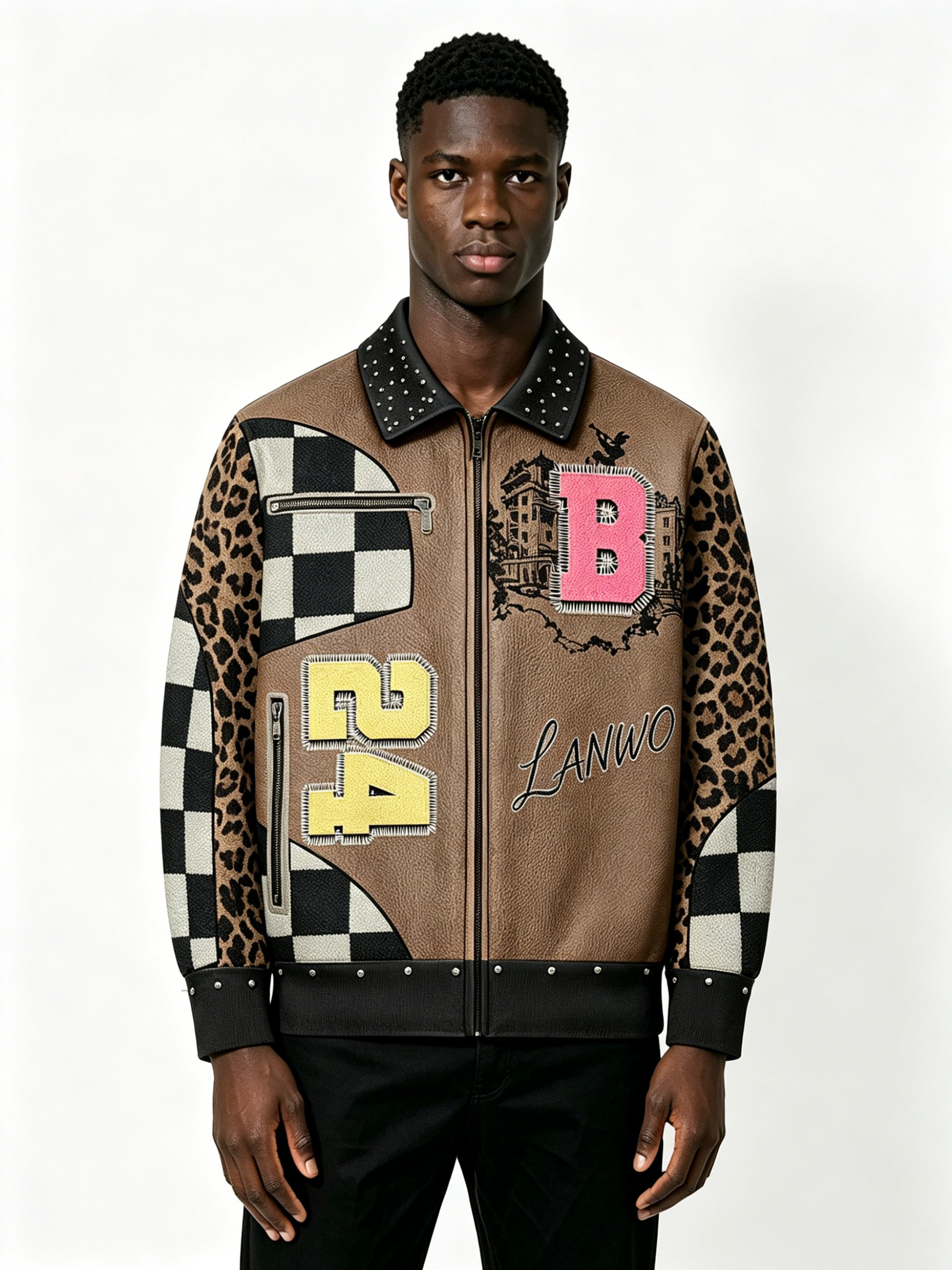 Custom Leopard Checkerboard Patchwork Faux Leather Varsity Jacket Manufacturer | Men Rhinestone Collar Chenille Letter Patch Streetwear Bomber Coat Private Label, 50 MOQ, 7-Day Sample & 15-Day Bulk Lead Time