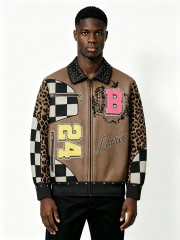 Custom Leopard Checkerboard Patchwork Faux Leather Varsity Jacket Manufacturer | Men Rhinestone Collar Chenille Letter Patch Streetwear Bomber Coat Private Label, 50 MOQ, 7-Day Sample & 15-Day Bulk Lead Time