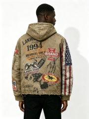 Custom Vintage Washed Route 66 USA Flag Spliced Hooded Bomber Jacket Manufacturer | Men Multi Woven Patch Distressed Frayed Hem Retro Streetwear Outerwear Private Label, 50 MOQ, 7-Day Sample & 15-Day Bulk Lead Time