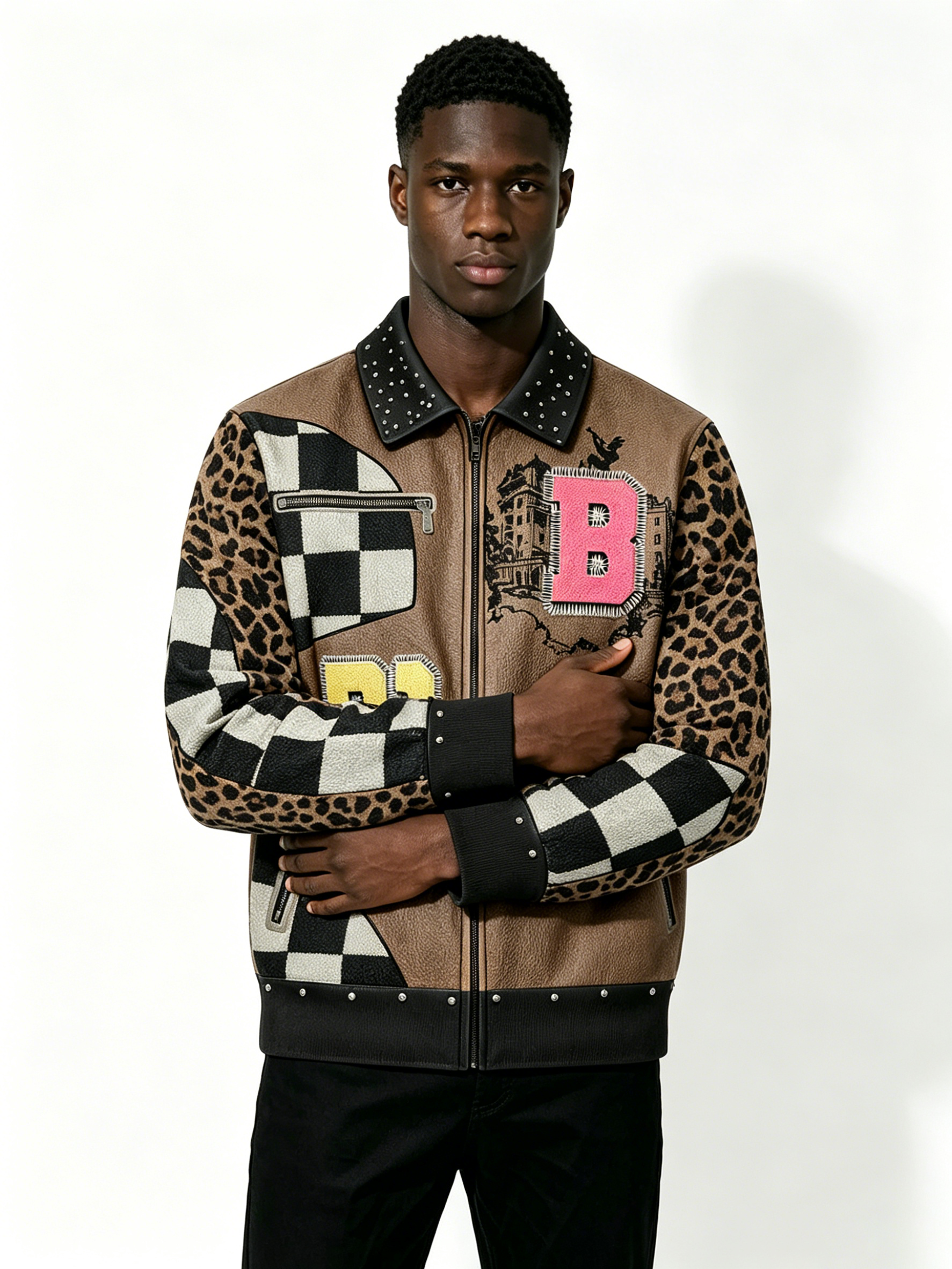 Custom Leopard Checkerboard Patchwork Faux Leather Varsity Jacket Manufacturer | Men Rhinestone Collar Chenille Letter Patch Streetwear Bomber Coat Private Label, 50 MOQ, 7-Day Sample & 15-Day Bulk Lead Time