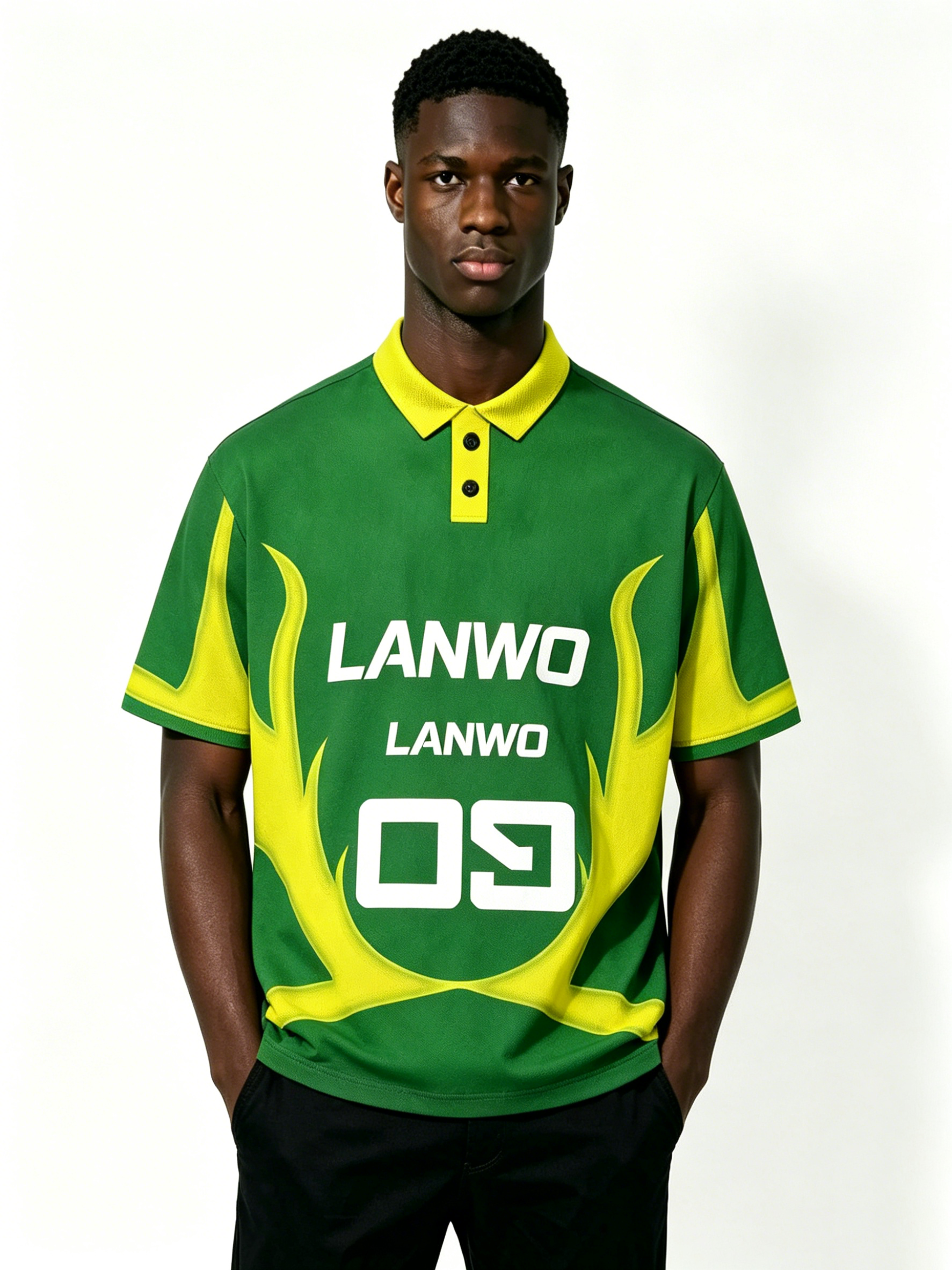 Custom Green Yellow Color Block Sport Polo Shirt Manufacturer | Men Quick Dry Mesh Flame Curve Number 09 Streetwear Jersey Private Label, 50 MOQ, 7-Day Sample & 15-Day Bulk Lead Time