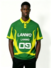 Custom Green Yellow Color Block Sport Polo Shirt Manufacturer | Men Quick Dry Mesh Flame Curve Number 09 Streetwear Jersey Private Label, 50 MOQ, 7-Day Sample & 15-Day Bulk Lead Time