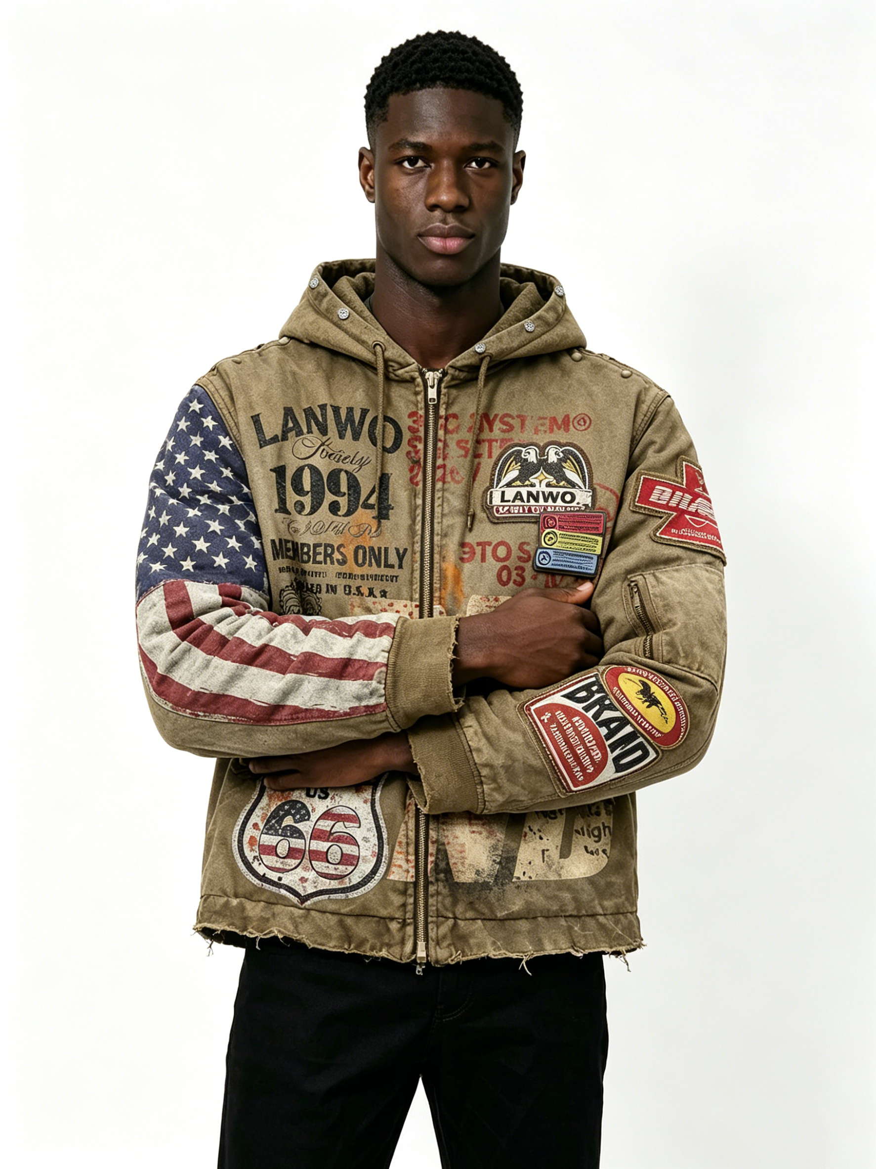 Custom Vintage Washed Route 66 USA Flag Spliced Hooded Bomber Jacket Manufacturer | Men Multi Woven Patch Distressed Frayed Hem Retro Streetwear Outerwear Private Label, 50 MOQ, 7-Day Sample & 15-Day Bulk Lead Time