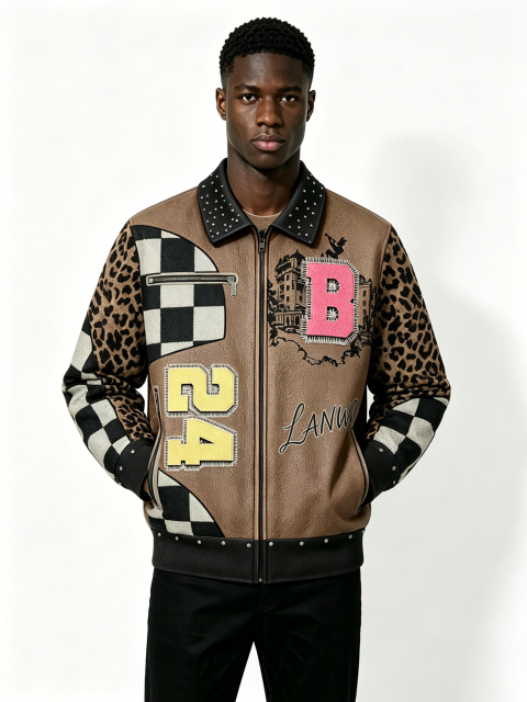 Custom Leopard Checkerboard Patchwork Faux Leather Varsity Jacket Manufacturer | Men Rhinestone Collar Chenille Letter Patch Streetwear Bomber Coat Private Label, 50 MOQ, 7-Day Sample & 15-Day Bulk Lead Time