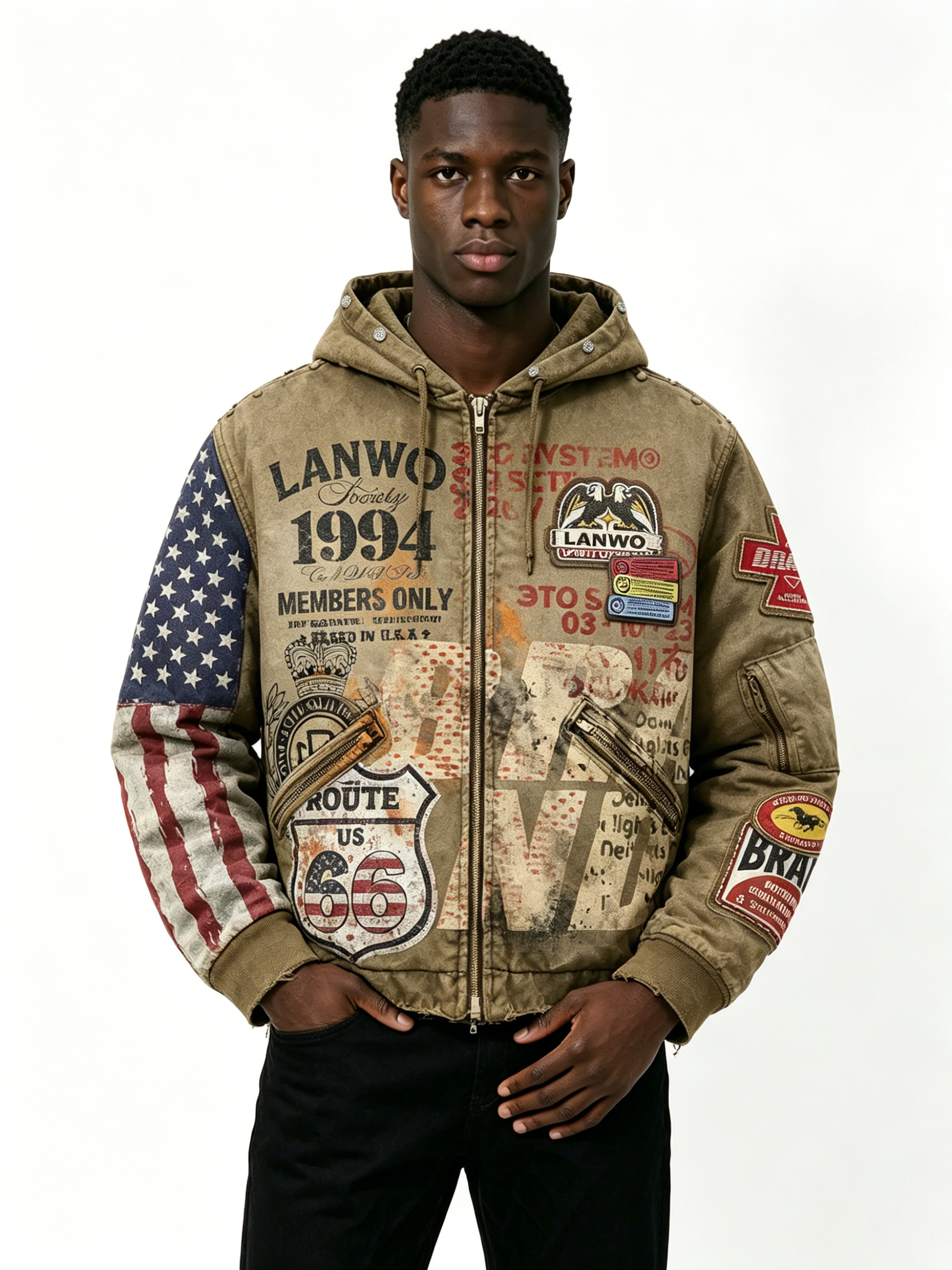 Custom Vintage Washed Route 66 USA Flag Spliced Hooded Bomber Jacket Manufacturer | Men Multi Woven Patch Distressed Frayed Hem Retro Streetwear Outerwear Private Label, 50 MOQ, 7-Day Sample & 15-Day Bulk Lead Time