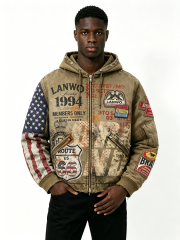 Custom Vintage Washed Route 66 USA Flag Spliced Hooded Bomber Jacket Manufacturer | Men Multi Woven Patch Distressed Frayed Hem Retro Streetwear Outerwear Private Label, 50 MOQ, 7-Day Sample & 15-Day Bulk Lead Time