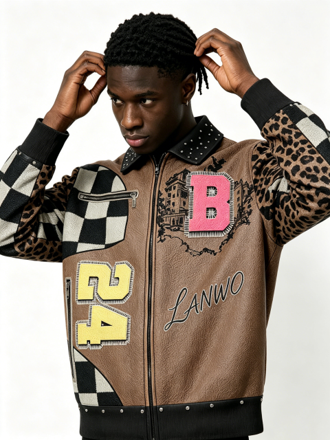 Custom Leopard Checkerboard Patchwork Faux Leather Varsity Jacket Manufacturer | Men Rhinestone Collar Chenille Letter Patch Streetwear Bomber Coat Private Label, 50 MOQ, 7-Day Sample & 15-Day Bulk Lead Time
