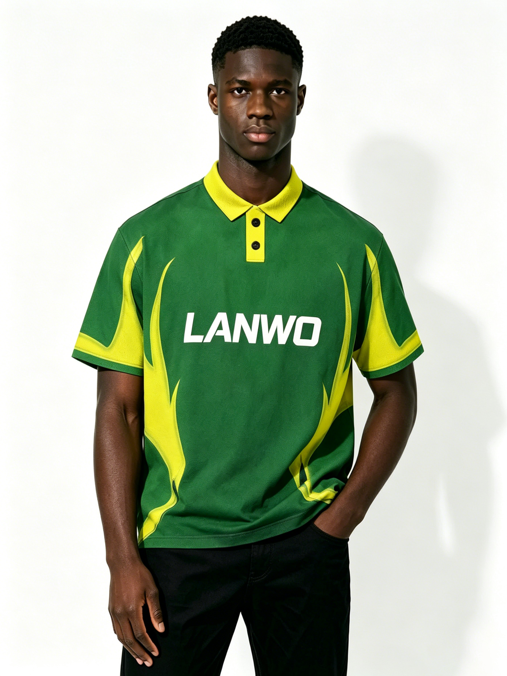 Custom Green Yellow Color Block Sport Polo Shirt Manufacturer | Men Quick Dry Mesh Flame Curve Number 09 Streetwear Jersey Private Label, 50 MOQ, 7-Day Sample & 15-Day Bulk Lead Time