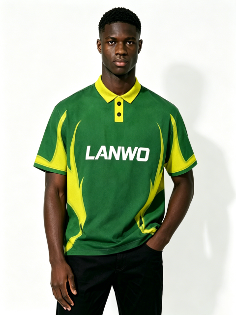 Custom Green Yellow Color Block Sport Polo Shirt Manufacturer | Men Quick Dry Mesh Flame Curve Number 09 Streetwear Jersey Private Label, 50 MOQ, 7-Day Sample & 15-Day Bulk Lead Time